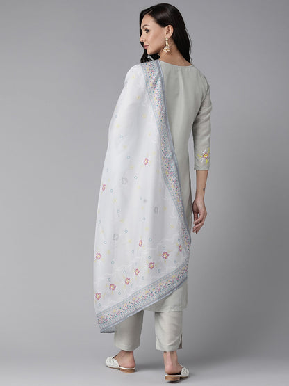 Women's Grey Embroidered Straight Kurta Trouser And Dupatta Set
