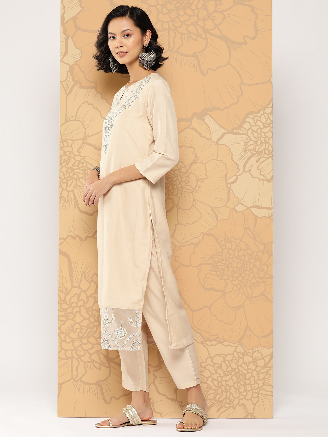 Women's Beige Embroidered Straight Kurta Trouser And Dupatta Set