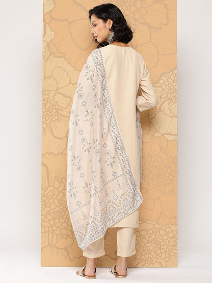 Women's Beige Embroidered Straight Kurta Trouser And Dupatta Set