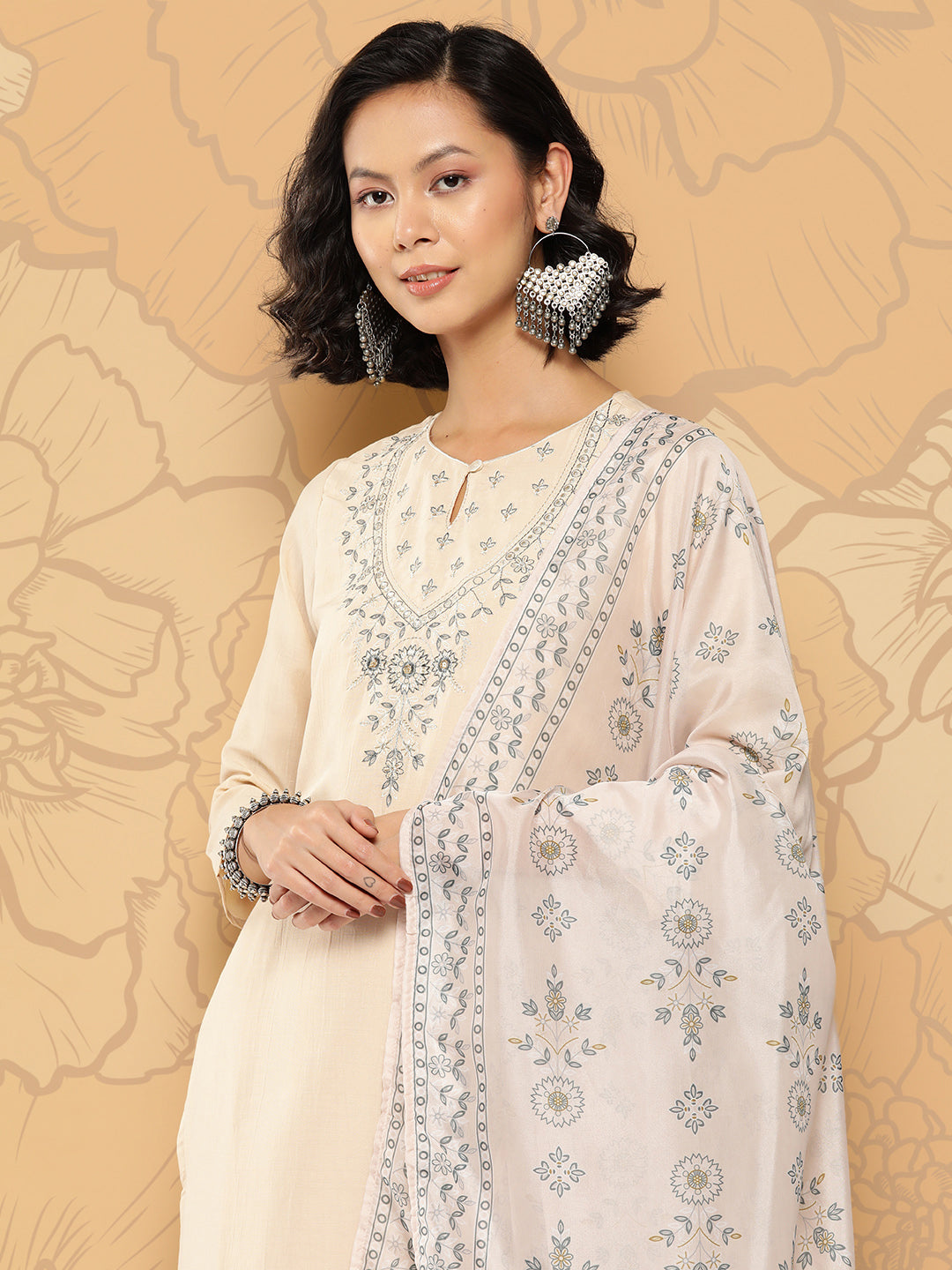 Women's Beige Embroidered Straight Kurta Trouser And Dupatta Set
