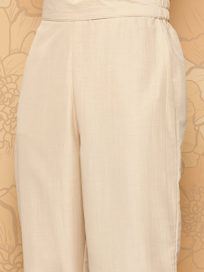 Women's Beige Embroidered Straight Kurta Trouser And Dupatta Set