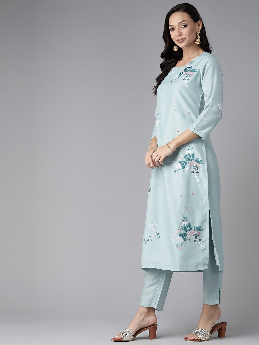 Women's Blue Embroidered Straight Kurta Trouser And Dupatta Set