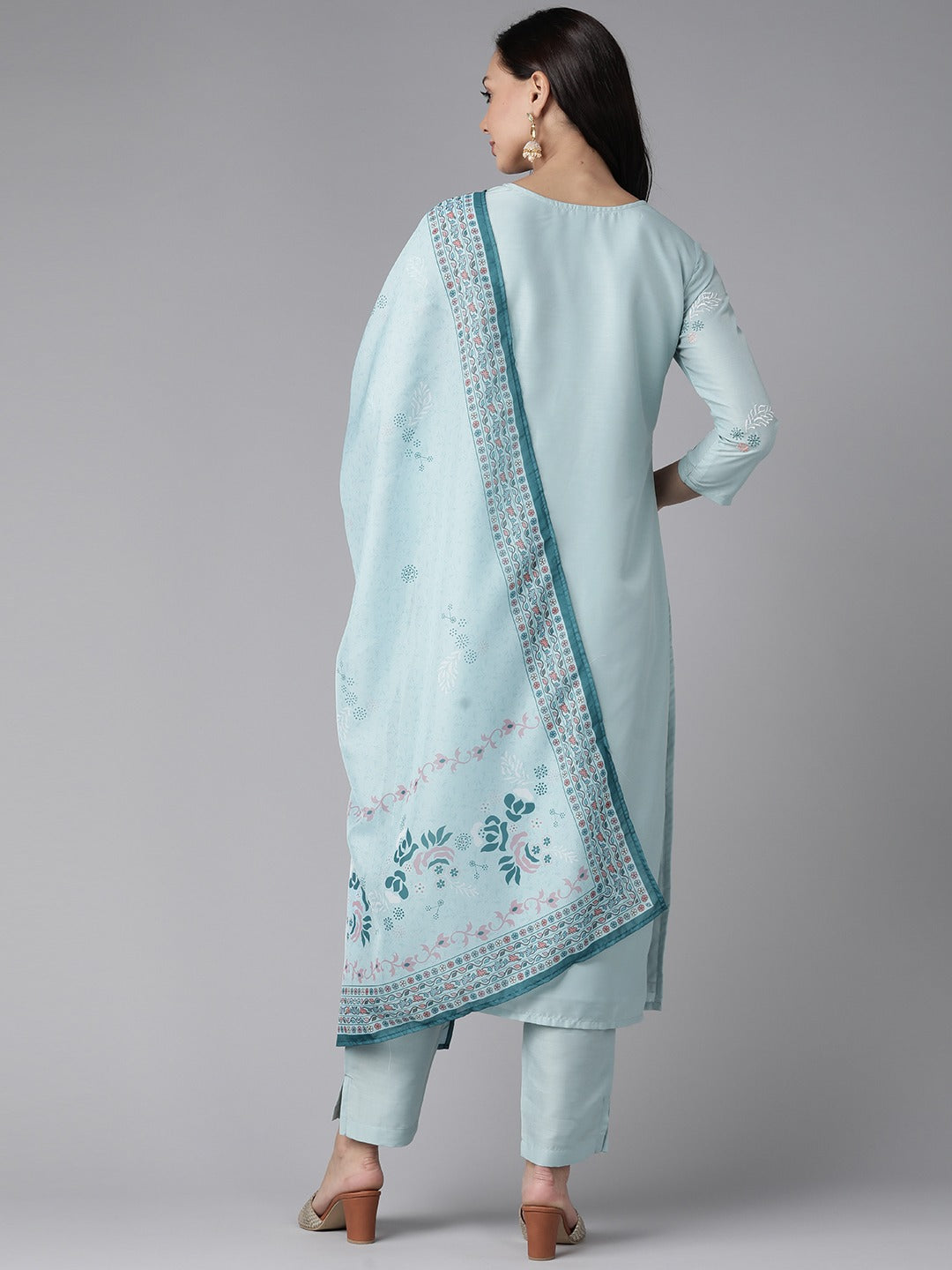 Women's Blue Embroidered Straight Kurta Trouser And Dupatta Set