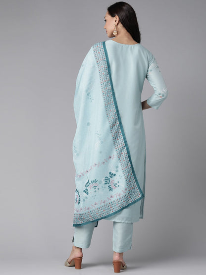 Women's Blue Embroidered Straight Kurta Trouser And Dupatta Set