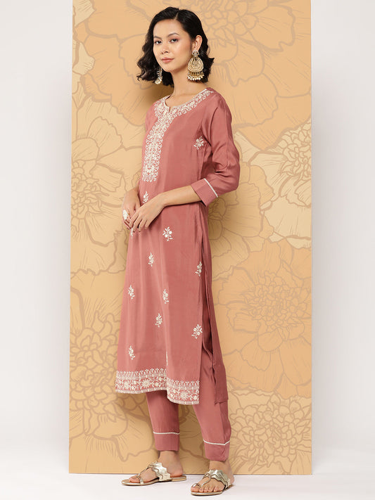 Women's Mauve Embroidered Straight Kurta Trouser And Dupatta Set