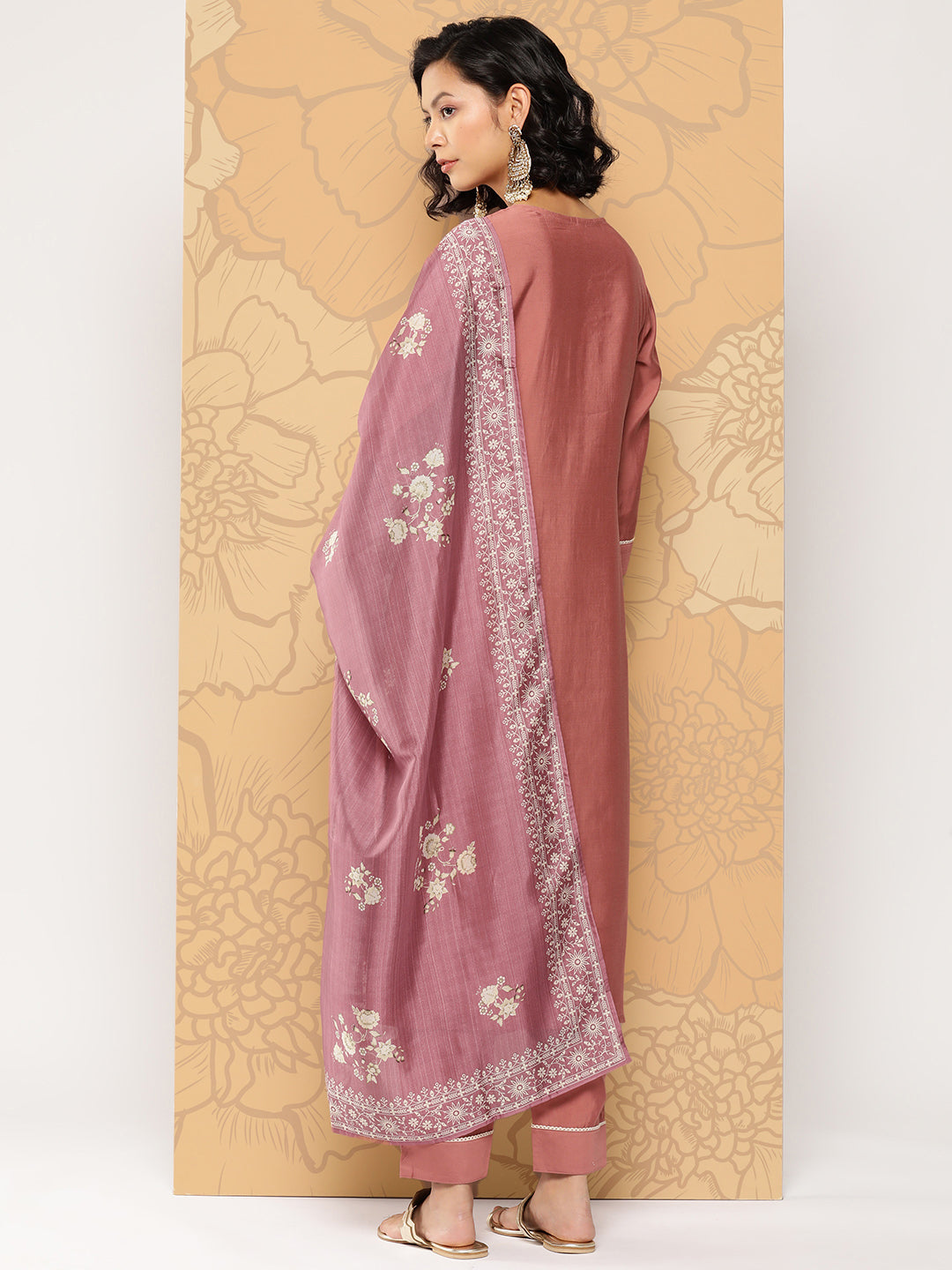 Women's Mauve Embroidered Straight Kurta Trouser And Dupatta Set