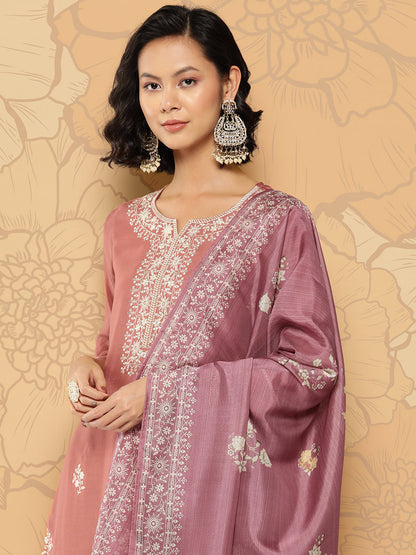 Women's Mauve Embroidered Straight Kurta Trouser And Dupatta Set