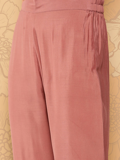 Women's Mauve Embroidered Straight Kurta Trouser And Dupatta Set