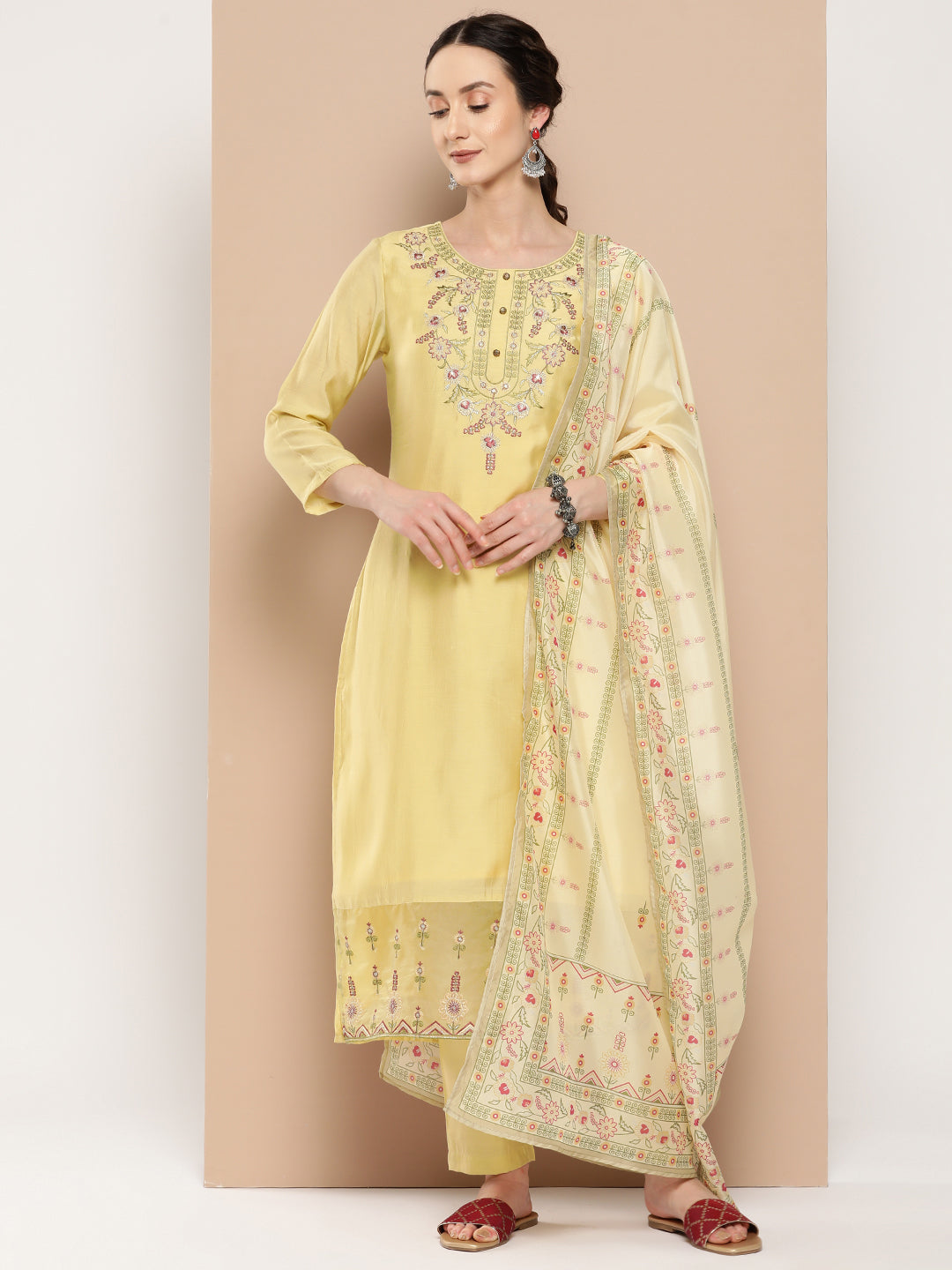 Women's Yellow Solid Straight Kurta Trouser And Dupatta Set
