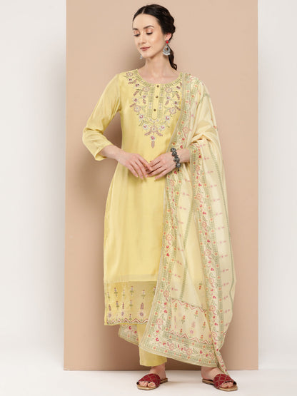 Women's Yellow Solid Straight Kurta Trouser And Dupatta Set