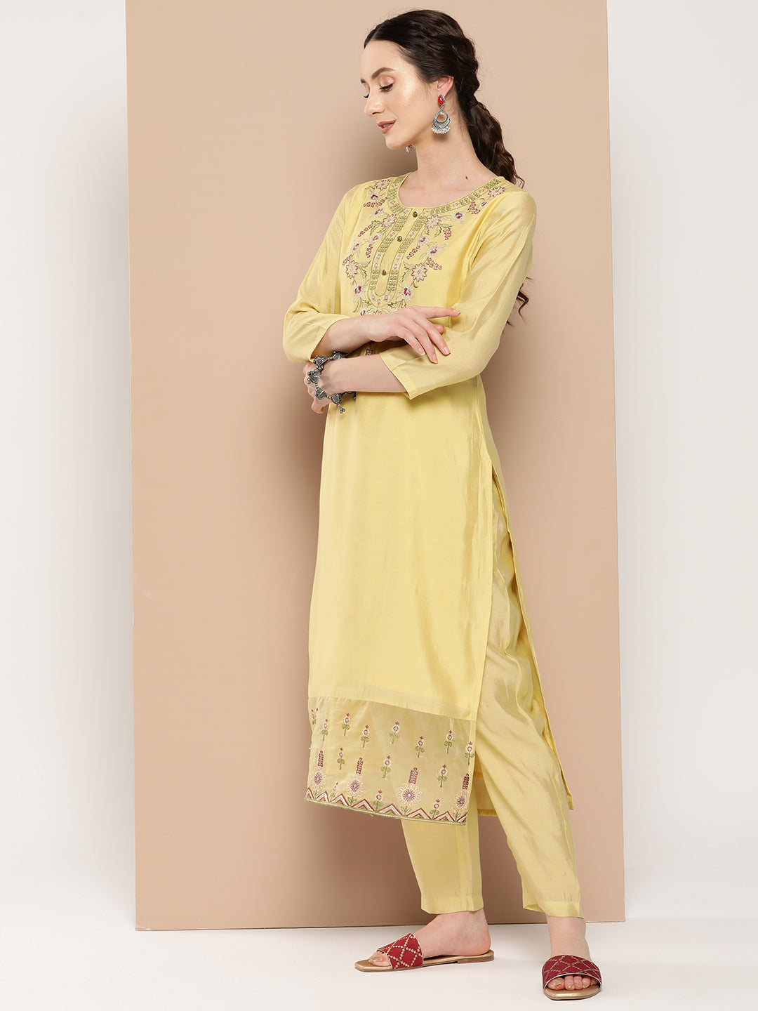 Women's Yellow Solid Straight Kurta Trouser And Dupatta Set
