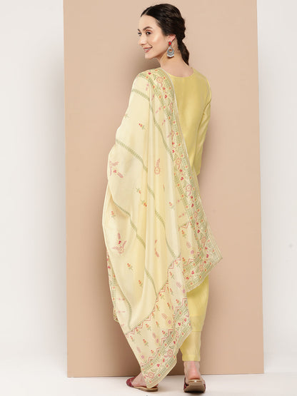 Women's Yellow Solid Straight Kurta Trouser And Dupatta Set