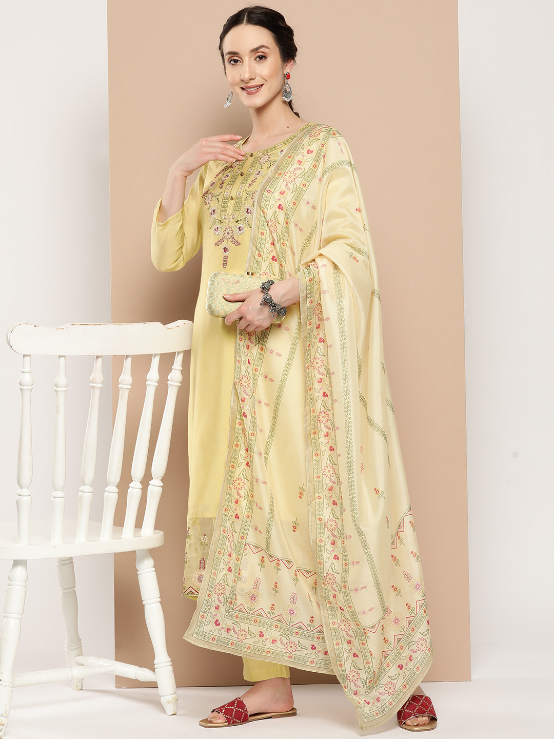 Women's Yellow Solid Straight Kurta Trouser And Dupatta Set