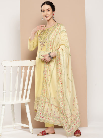 Women's Yellow Solid Straight Kurta Trouser And Dupatta Set