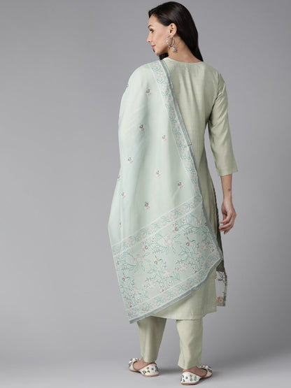 Women's Green Embroidered Straight Kurta Trouser And Dupatta Set