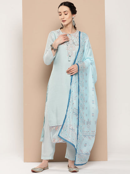 Women's Blue Solid Straight Kurta Trouser And Dupatta Set