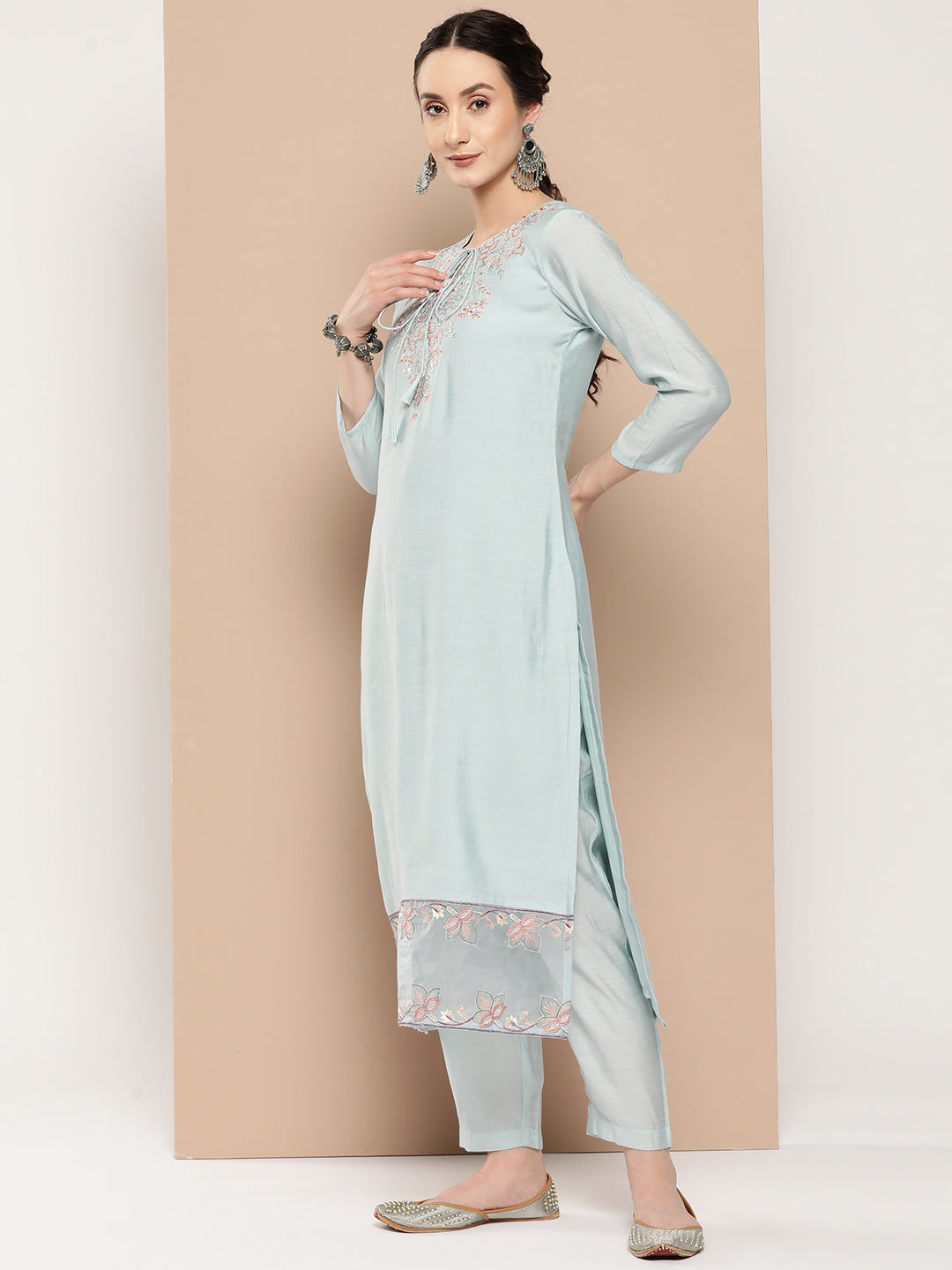 Women's Blue Solid Straight Kurta Trouser And Dupatta Set