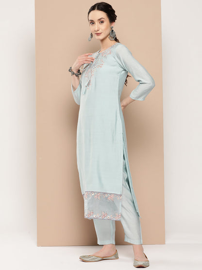 Women's Blue Solid Straight Kurta Trouser And Dupatta Set