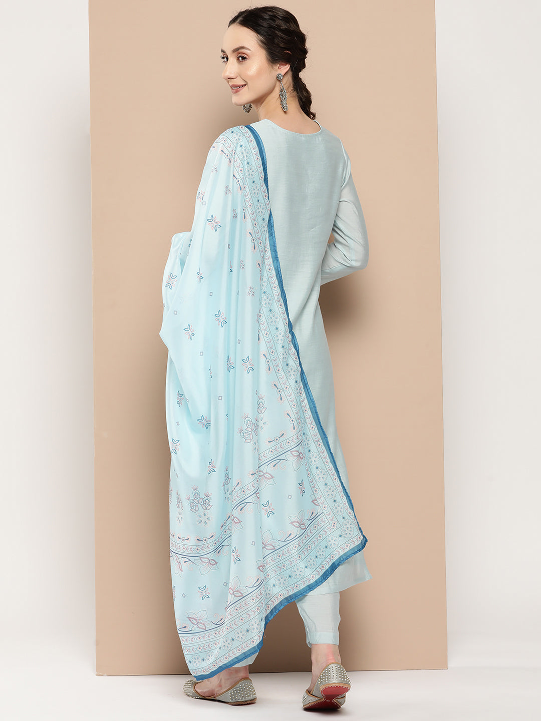 Women's Blue Solid Straight Kurta Trouser And Dupatta Set