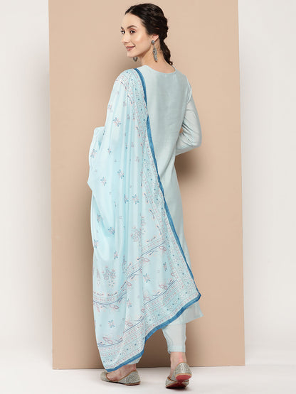Women's Blue Solid Straight Kurta Trouser And Dupatta Set