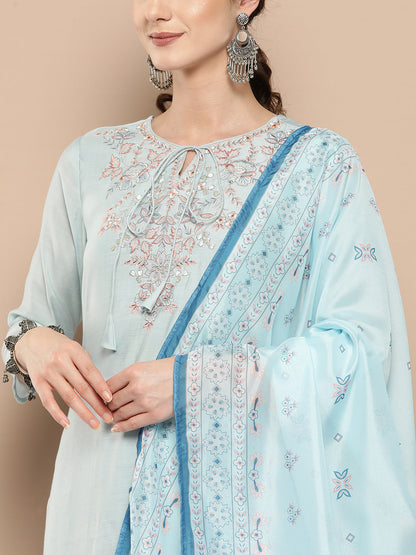 Women's Blue Solid Straight Kurta Trouser And Dupatta Set