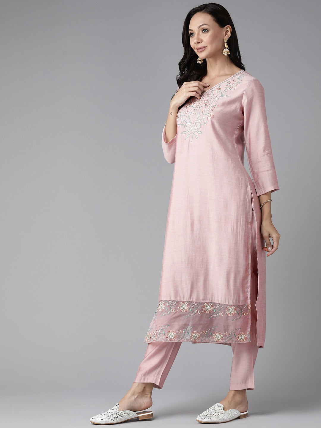 Women's Pink Embroidered Straight Kurta Trouser And Dupatta Set