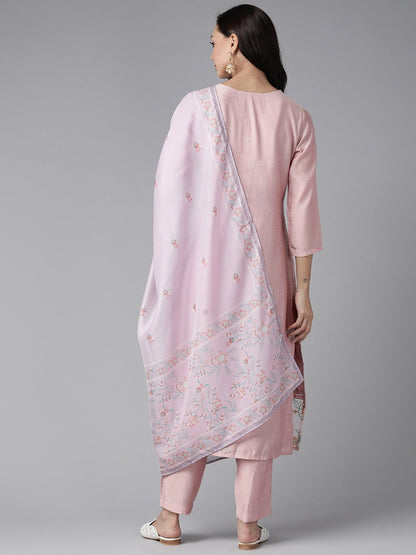 Women's Pink Embroidered Straight Kurta Trouser And Dupatta Set