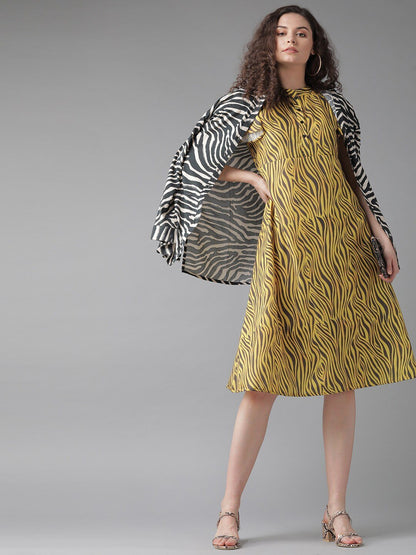 Women's  Yellow & Charcoal Grey Zebra Print A-Line Dress