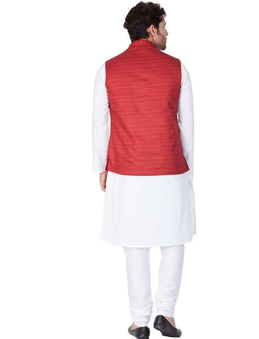 Men's White Cotton Blend Kurta, Ethnic Jacket and Pyjama Set