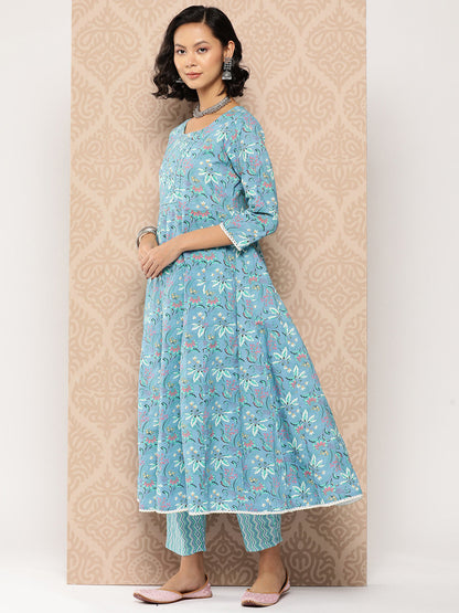 Women's Blue Floral Anarkali Kurta Trouser And Dupatta Set