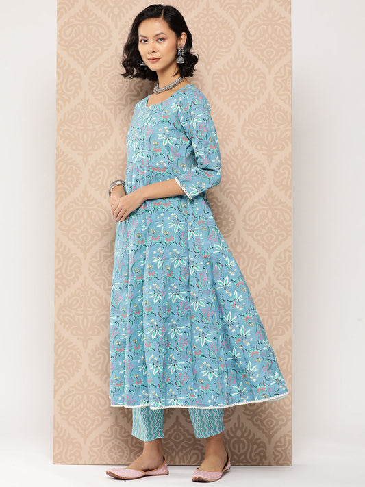 Women's Blue Floral Anarkali Kurta Trouser And Dupatta Set