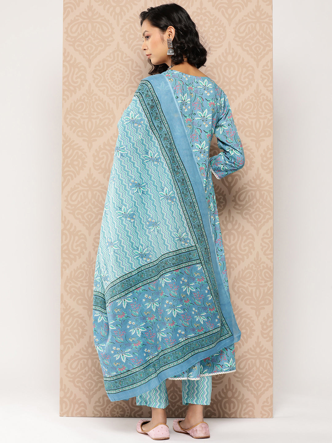 Women's Blue Floral Anarkali Kurta Trouser And Dupatta Set