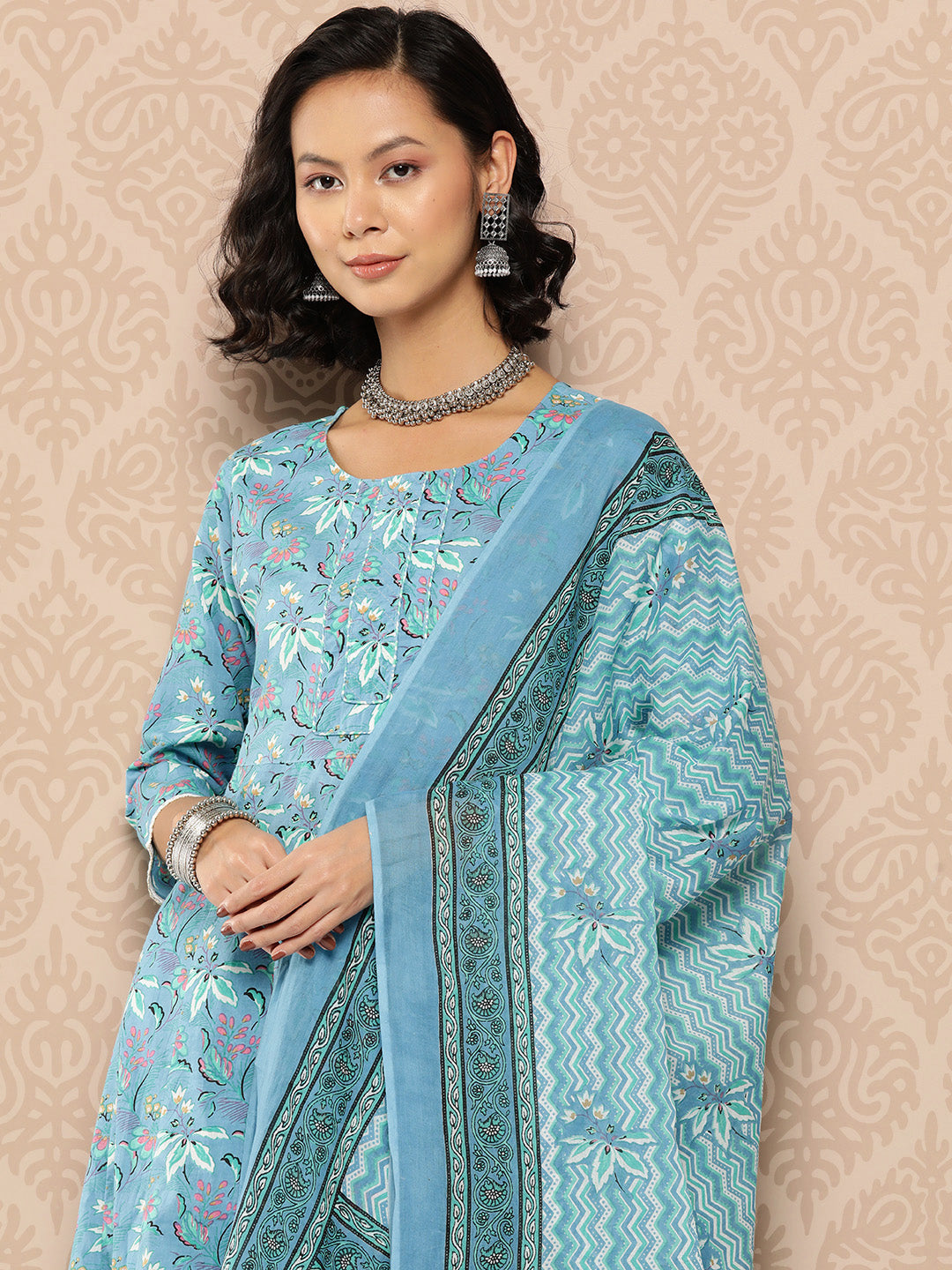 Women's Blue Floral Anarkali Kurta Trouser And Dupatta Set