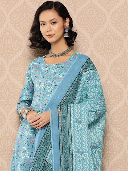 Women's Blue Floral Anarkali Kurta Trouser And Dupatta Set