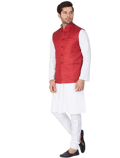 Men's White Cotton Blend Kurta, Ethnic Jacket and Pyjama Set