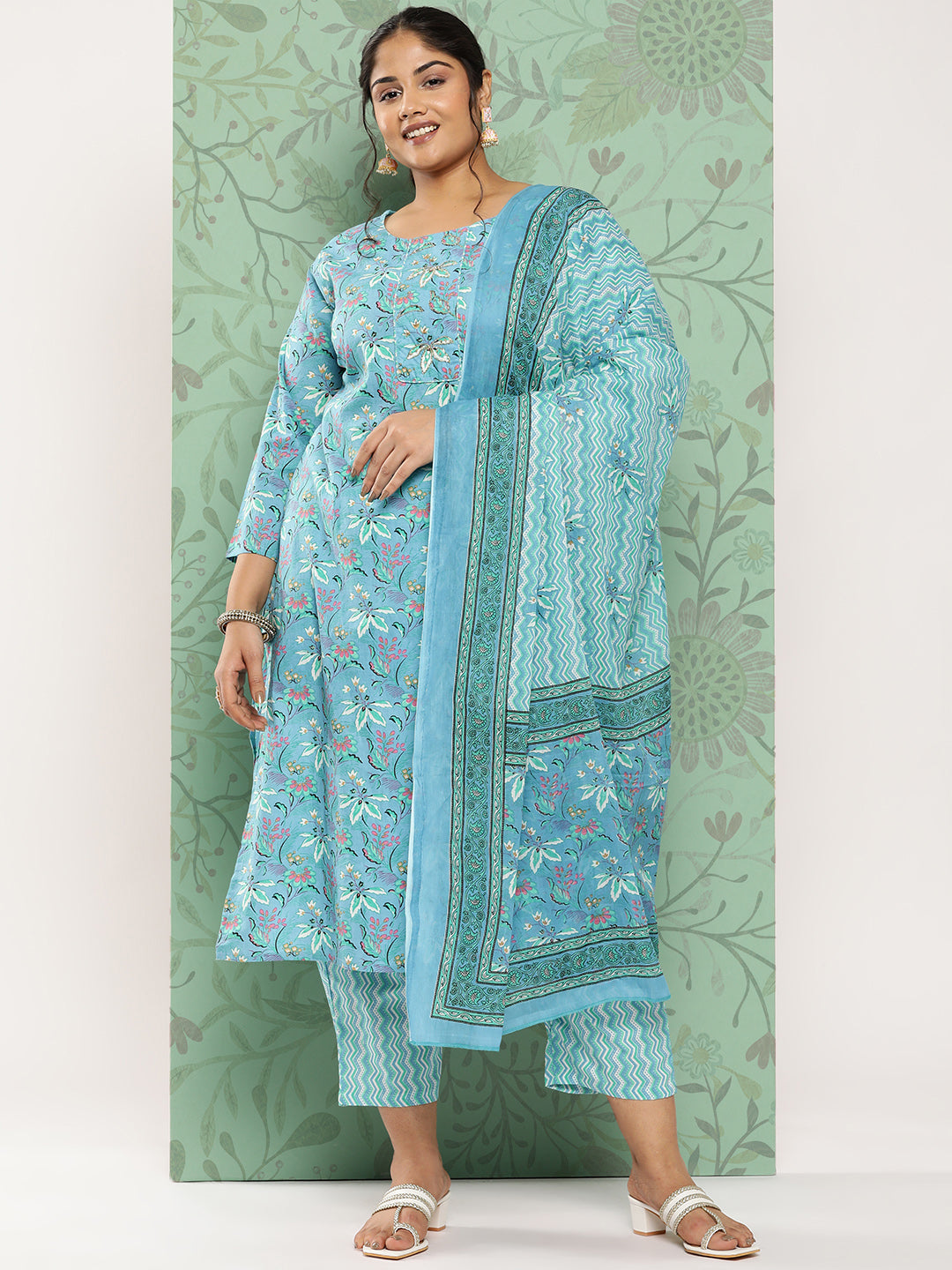 Women's Blue Floral Straight Kurta Trouser And Dupatta Set