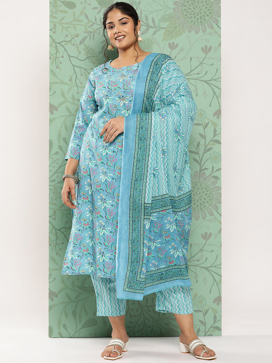 Women's Blue Floral Straight Kurta Trouser And Dupatta Set