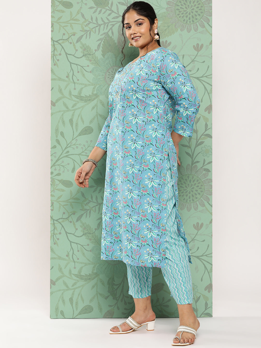 Women's Blue Floral Straight Kurta Trouser And Dupatta Set