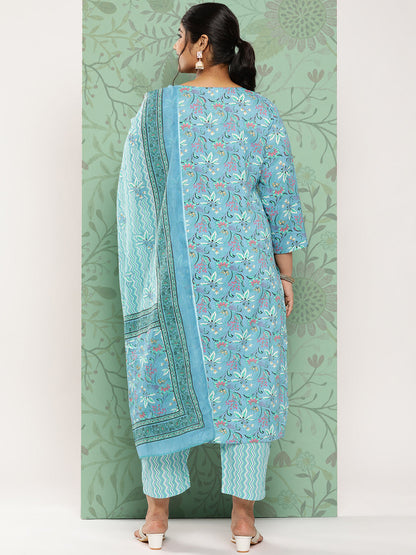 Women's Blue Floral Straight Kurta Trouser And Dupatta Set