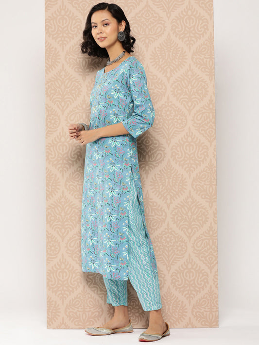 Women's Blue Floral Straight Kurta Trouser And Dupatta Set