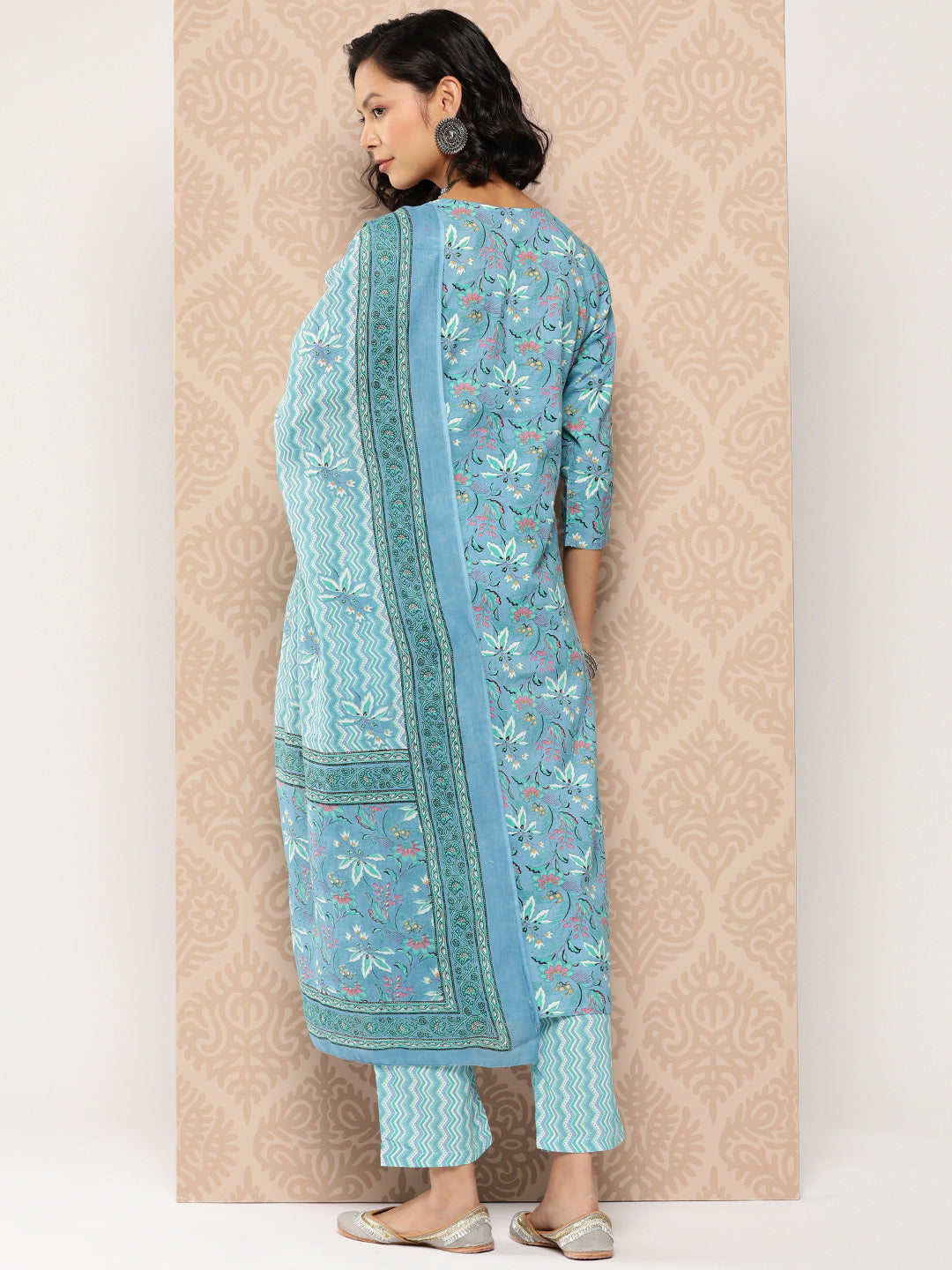 Women's Blue Floral Straight Kurta Trouser And Dupatta Set