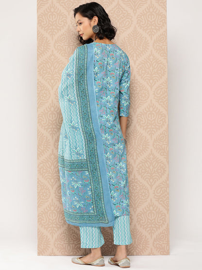Women's Blue Floral Straight Kurta Trouser And Dupatta Set