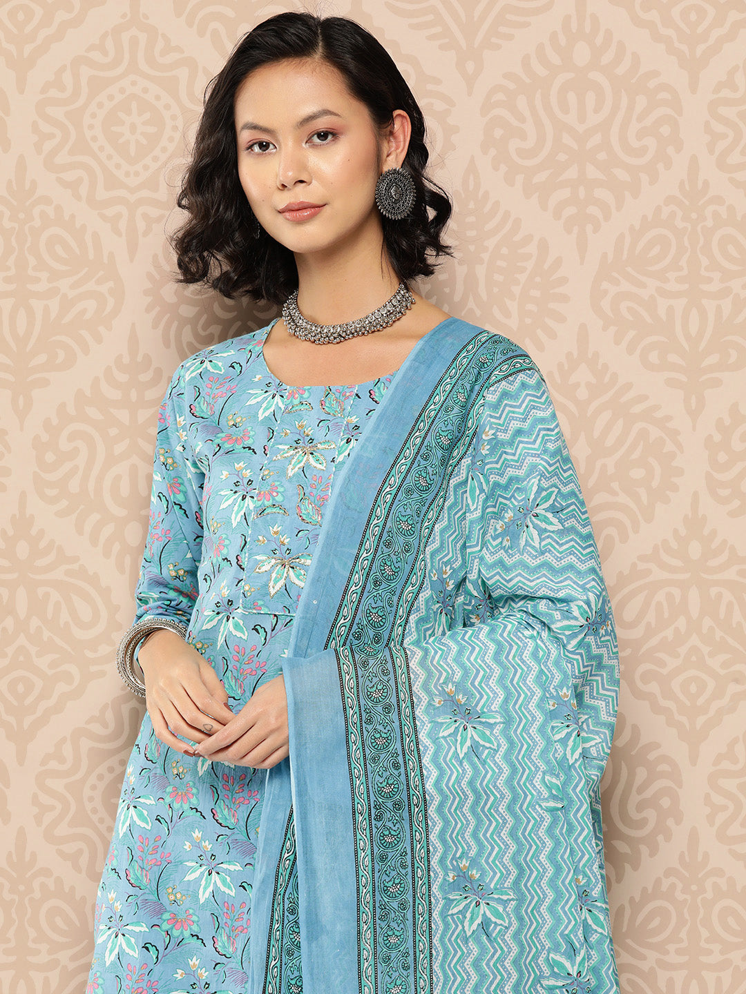 Women's Blue Floral Straight Kurta Trouser And Dupatta Set