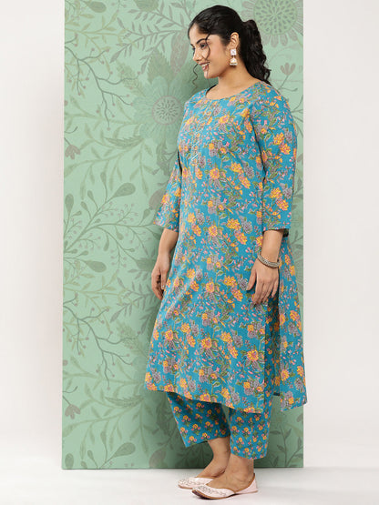 Women's Blue Ethnic Motifs Straight Kurta Trouser And Dupatta Set