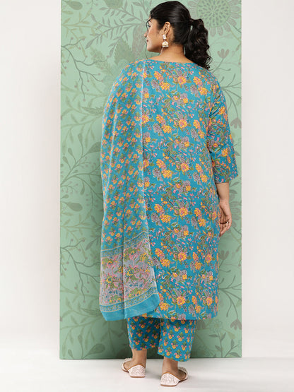Women's Blue Ethnic Motifs Straight Kurta Trouser And Dupatta Set