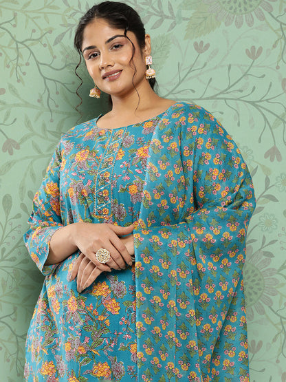 Women's Blue Ethnic Motifs Straight Kurta Trouser And Dupatta Set