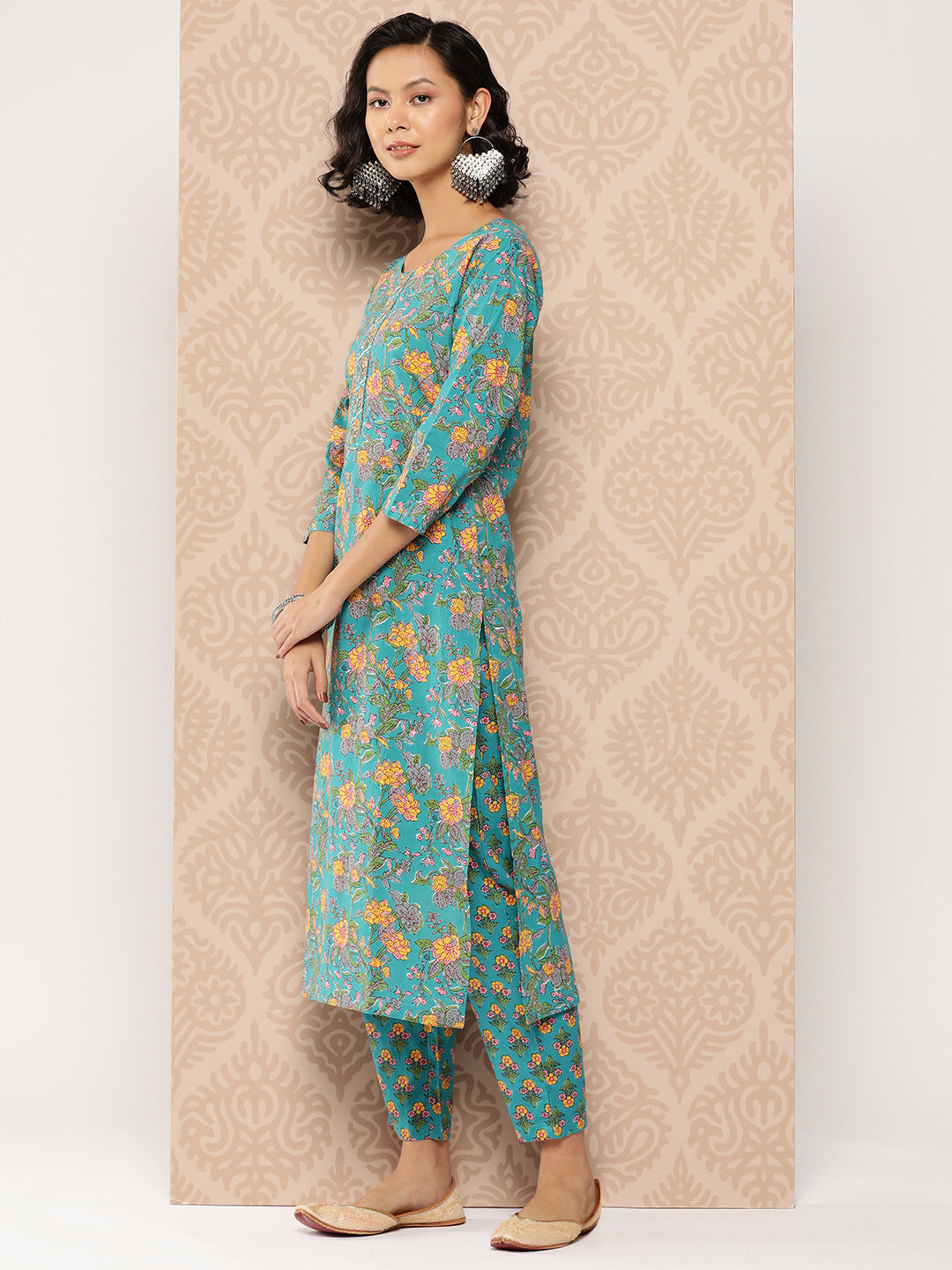 Women's Blue Ethnic Motifs Straight Kurta Trouser And Dupatta Set