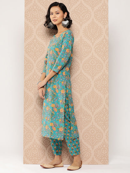 Women's Blue Ethnic Motifs Straight Kurta Trouser And Dupatta Set
