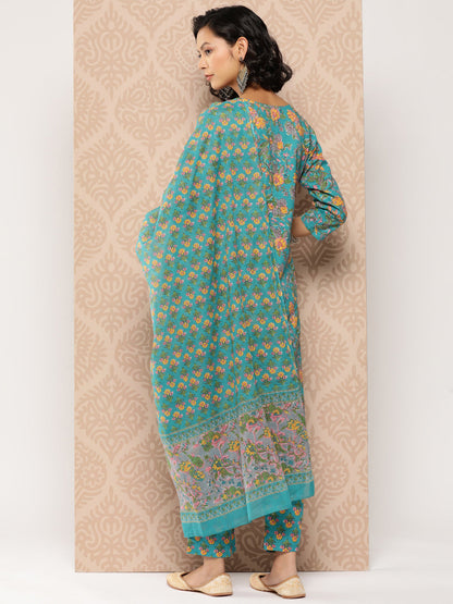 Women's Blue Ethnic Motifs Straight Kurta Trouser And Dupatta Set