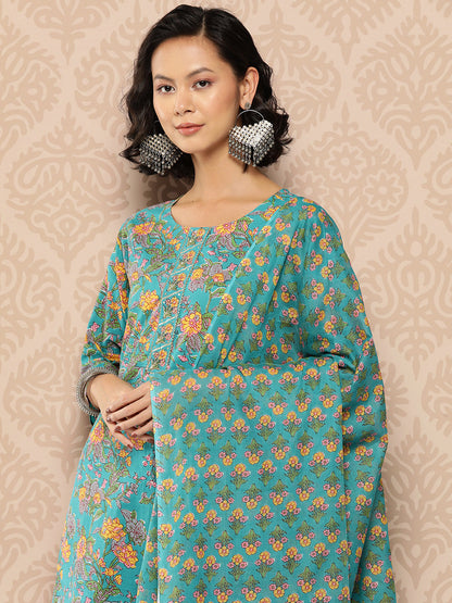 Women's Blue Ethnic Motifs Straight Kurta Trouser And Dupatta Set